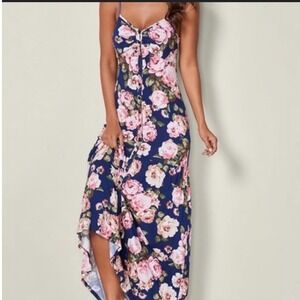 VENUS Navy Maxi Dress with Pink Rose Print